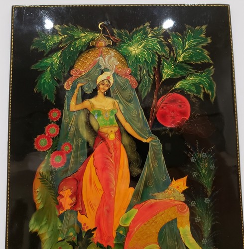 Dipinto firmato vintage lacca palekh russo dipinto a mano 8 x 12" anni '50 199/9 - Foto 3 di 8