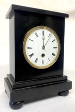 Antique Single Fusee Black Slate / Marble Mantel Clock With Enamel Dial