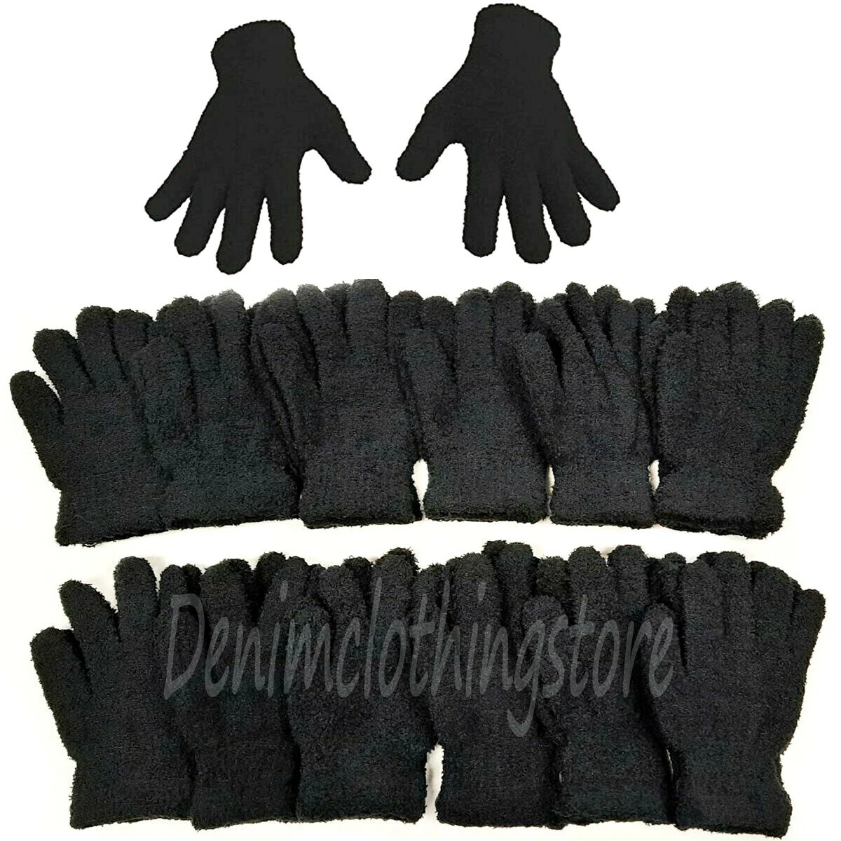 12 Pairs Men Women Black Fuzzy Cozy Fluffy Warm Magic Winter Gloves Knitted Lot