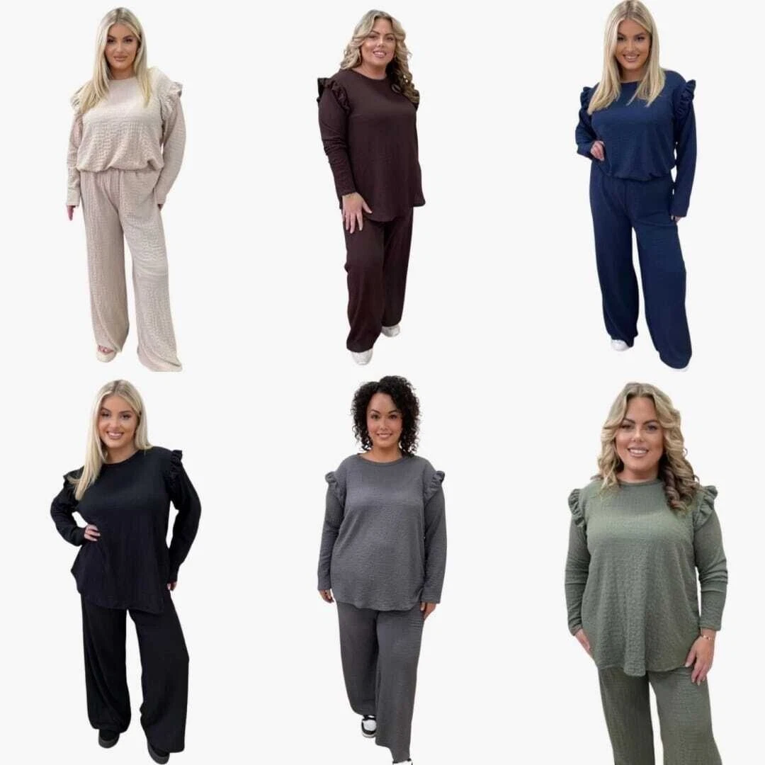 Ladies Wide Flared Leggings Loungewear 8-22 Womens Frill arm Long Sleeve 2Pc Set