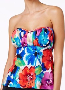 Swim-Solutions-Size-12-Black-Floral-Bandeau-Tankini-Swimsuit-TOP-W-Straps-NWT