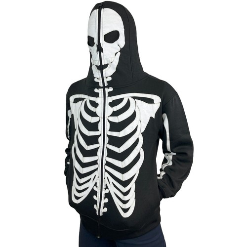 Herren Glow in the Dark Skelett Hoodie Vollgesichtsmaske Reißverschluss Halloween Kostüm - Bild 7 von 7