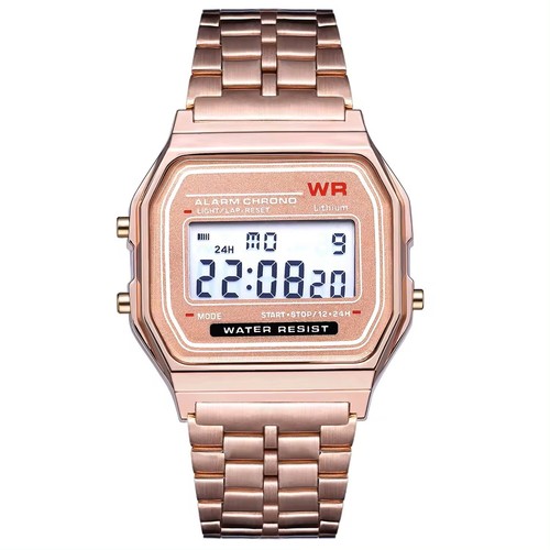 Alarm Watch Retro Digital Vintage Style 70's 80's LED Black Steel Rose Gold New - Picture 12 of 12