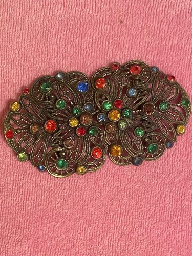 Antique Victorian Two Part Ornate Belt Buckle Gold Tone Multi Color Stones - Picture 8 of 8