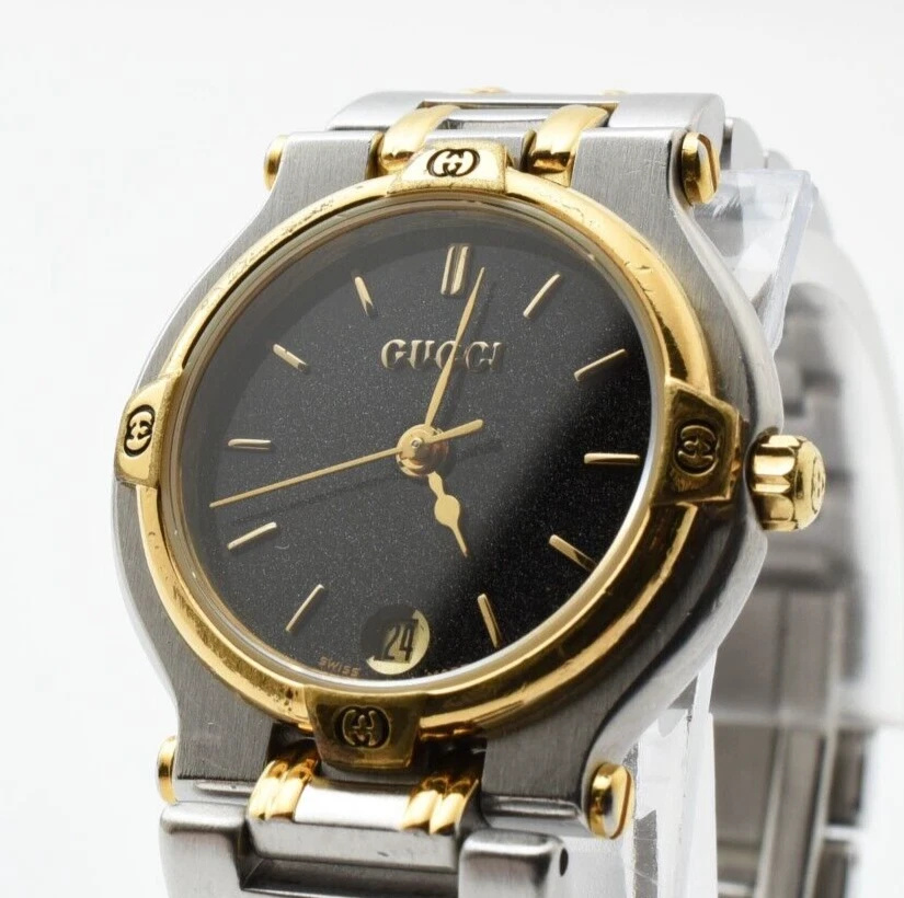 Batt. Neuf [Exc+5] Montre Femme Vintage Gucci 9000L Date Noire Deux Tons Japon