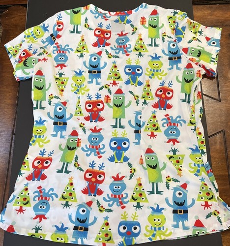 Strictly Scrubs Stretch Monster Christmas Print V-Neck Scrub Top Sz Small 4 Poc - Picture 4 of 4