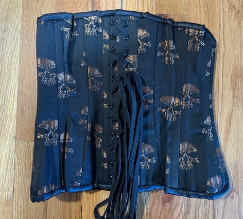NEW SAMPLE Gold Skull and Black Satin Underbust Size 24”  Steel Boned Corset - Picture 2 of 3