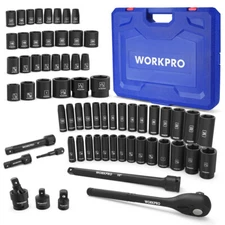 WORKPRO 1/2” Drive Impact Socket Set Ratchet Handle Extension Bar 65PCS SAE 2025