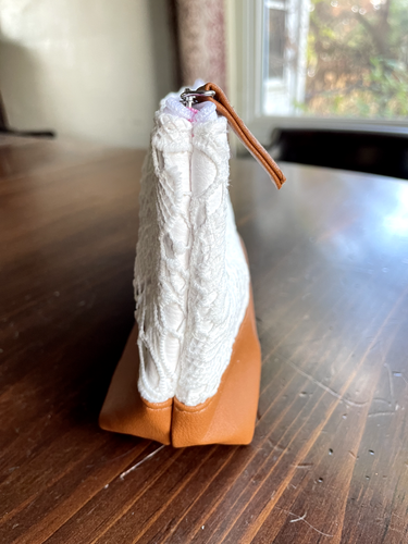 White Lace Makeup Pouch w/ Faux Leather Bottom — for Cosmetics, Pens, Jewelry - Picture 4 of 11