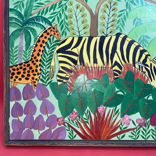 Haitianische Dschungelkunst, Künstler M. Mirvil brillante Farben signiert gerahmt 16Hx20B - Bild 5 von 6