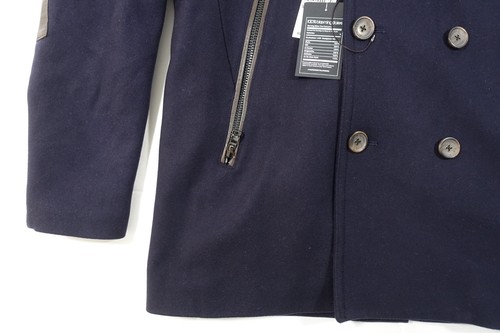 MICHAEL KORS NAVY BLUE LARGE WOOL BLEND SHEEP SKIN LEATHER PEACOAT COAT JACKET - Picture 2 of 12