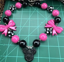 Bow Minnie Pendant Chunky Beads Kids Gumball Bubblegum Pink Black Necklace 0742