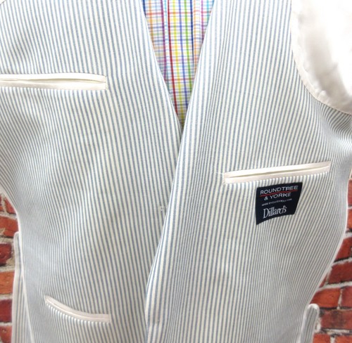 44 LONG- ROUNDTREE & YORKE SPORT COAT WOOL BLEND GRAY-BLUE & WHITE - Picture 8 of 10