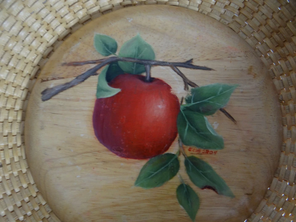 Cesta abierta tejida redonda pintada a mano firmada por manzana 12" casa de campo rústica Foto 3 de 4