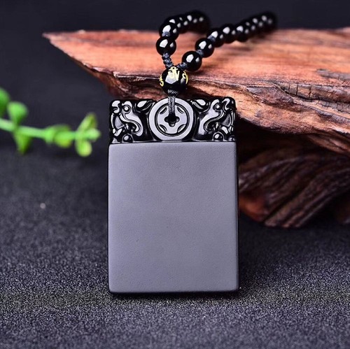 Crystal Natural Black obsidian Wu Shi Pai double dragon necklace pendant chain - Picture 2 of 8