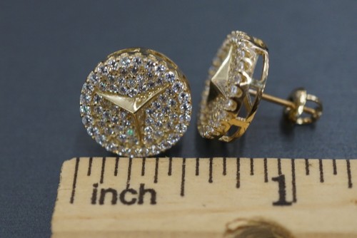 Aretes de circonita cúbica Mercedes Benz de alta calidad de oro amarillo macizo de 10K. - Imagen 8 de 8
