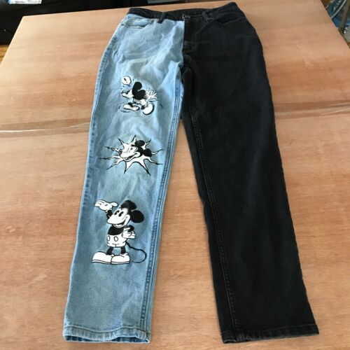 Disney Mom Jean Women 9 Blue Black Split Mickey Mouse High Rise Stretch Straight