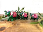 Set 3 Green Hand Made Indian Hand Painted Rajasthani Elephant Statue Ornament