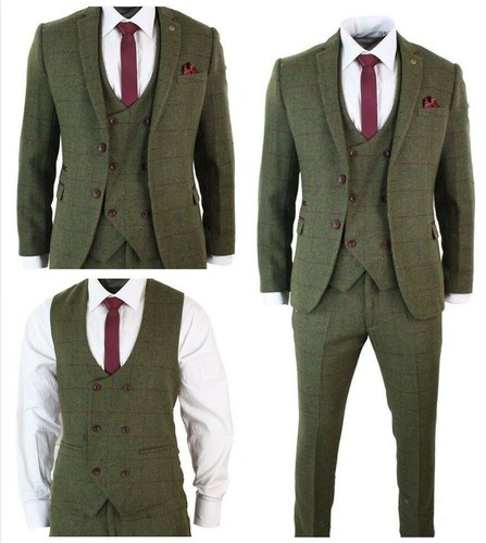 Olive Green Plaid Men Slim Fit Suit Tweed Vintage Prom Groom Tuxedo Wedding Suit - Picture 1 of 11