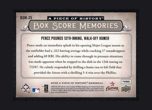 2008 Upper Deck A Piece of History Box Score Memories #BSM-25 Hunter Pence /699 - Picture 2 of 3
