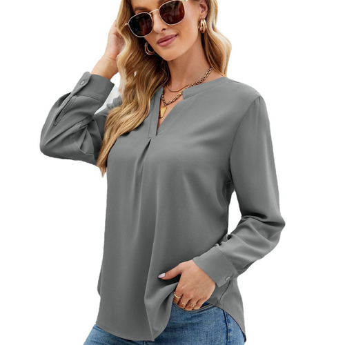 Women's Fall/Winter Solid Color Chiffon Shirt V Neck Long Sleeve Shirt - Bild 3 von 18