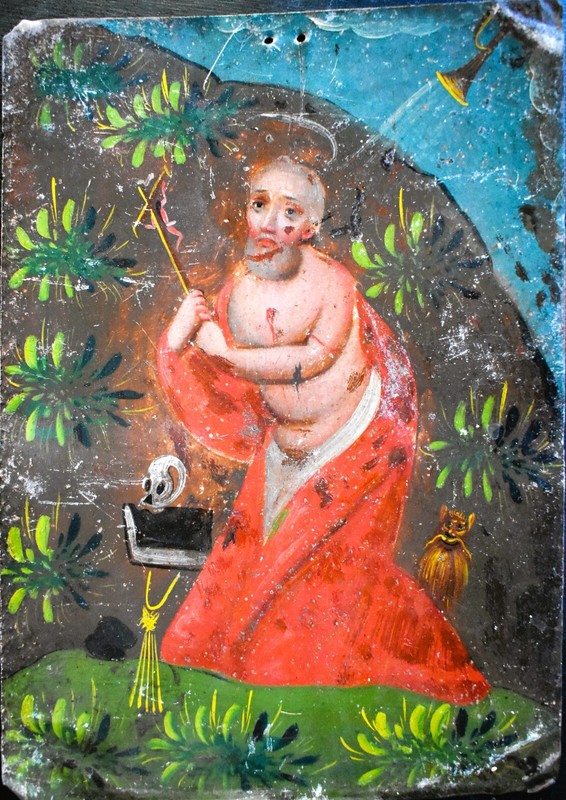 Antique 19th C. Spanish Colonial Retablo on tin - San Geronimo