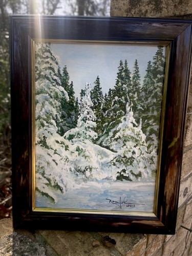 Studio Art Tranquil Winter Snowy Forest Painting Framed Impressionism-Signed - Picture 10 of 16