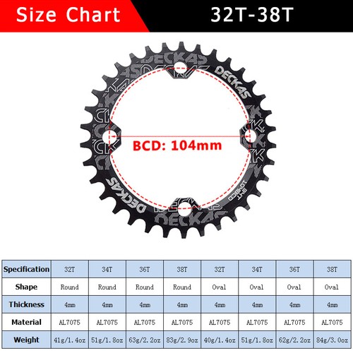 DECKAS 104BCD 32/34/36/38T MTB Bicicleta de Carretera Plato Individual Anillo de Cadena Ancho Estrecho - Imagen 4 de 12