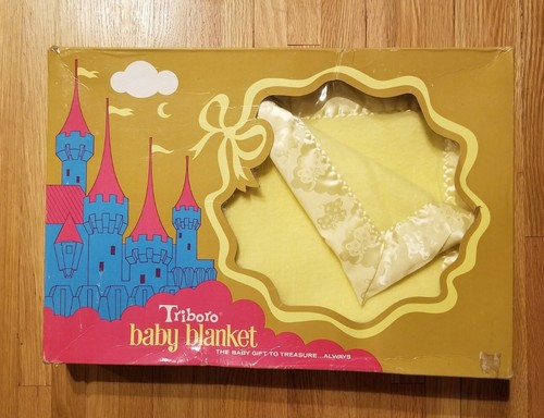 Vintage TRIBORO Acrylic Baby Crib Blanket Yellow Trim With Elephants 36x50" READ - Picture 6 of 9