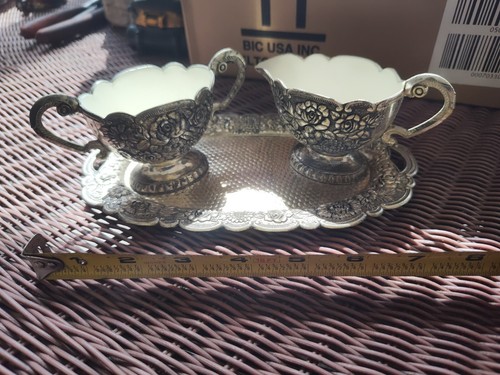 Vintage Heavy Silver Plated Creamer and Sugar Bowl Tray Floral Never Used  - Picture 2 of 7