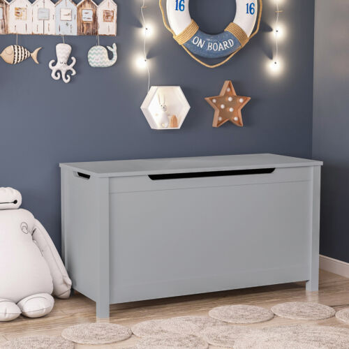Kids Wooden Toy Box Storage with Safety Hinged Lid for Ages 2+ (Gray) - Picture 9 of 24