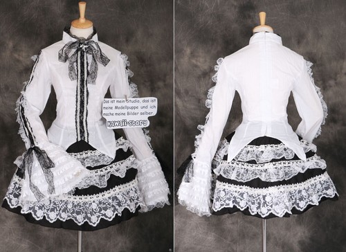 M-3296 Spitze schwarz weiß Gothic Steam Punk Lolita Bluse Rock Cosplay Kostüm - Bild 1 von 12