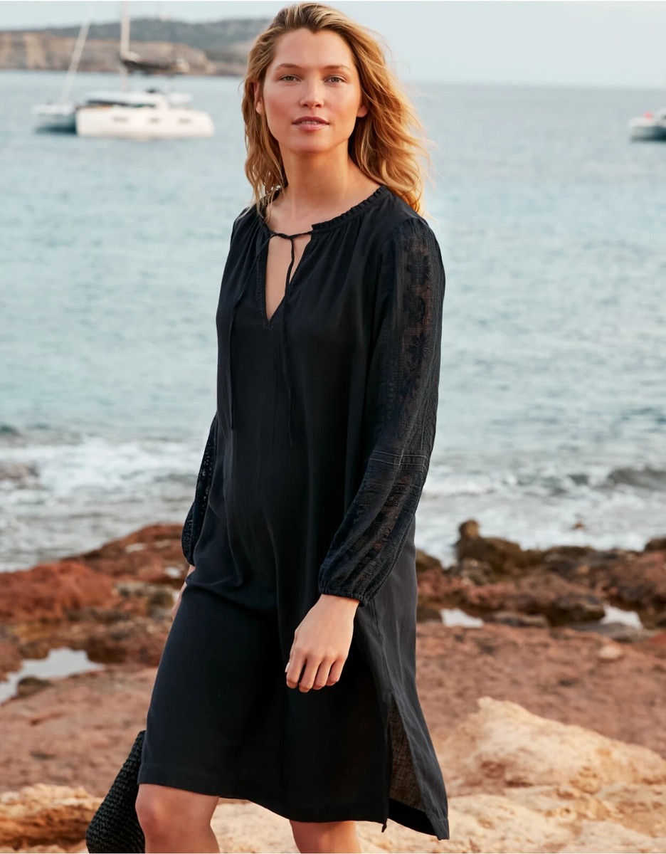 The White Company Lace Insert Organic Cotton Dress, Navy Blue, UK