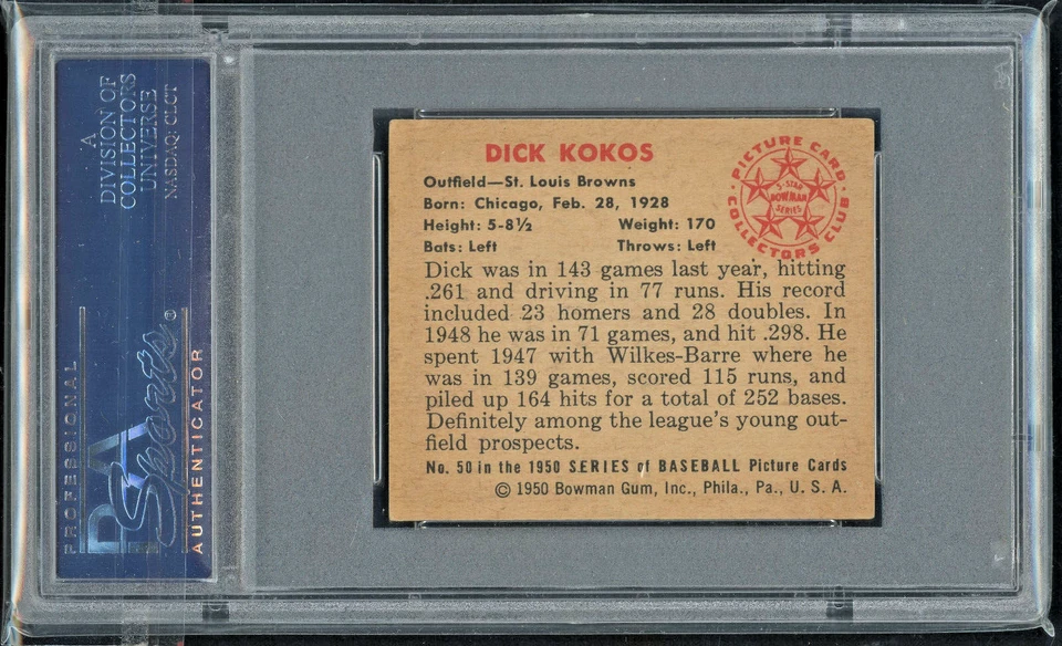 1950 Bowman 50 Dick Kokos St Louis Browns PSA 5 Vintage Baseball Card - Image 2 of 4
