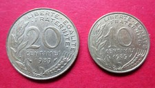 FRANCE COLLECTABLE PAIR 1989 GOOD GRADE VINTAGE  10 & 20 CENTIMES PRE-EURO COINS