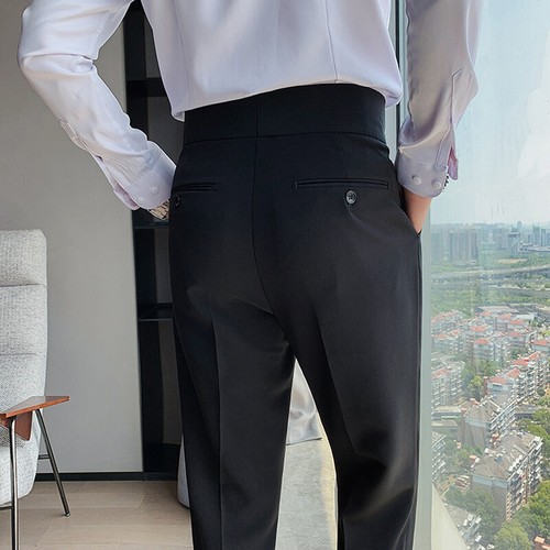 Men Retro Office High Waist Casual Suit Pants Straight Trousers Buckle Pants - Picture 2 of 16