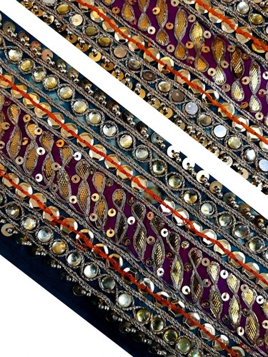 Vintage Indian Multi color Sari Border Hand Beaded Indian Craft Trim Lace Sew - Picture 7 of 9