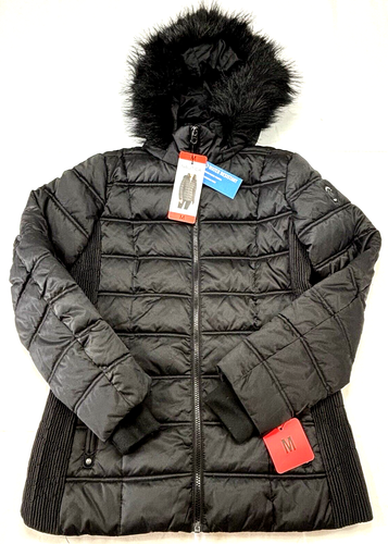 NWT Nautica Puffer Water Resistant Faux Fur Removeable Hood Women's M Coat Black - Picture 2 of 13