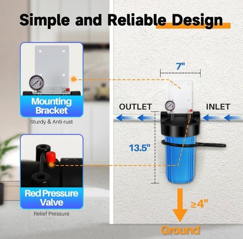 PurePlus 1-stufiger Wasserfilter für das ganze Haus, mit Sediment & Carbon Wasserfilter 10 Zoll x 4,5 - Bild 6 von 8