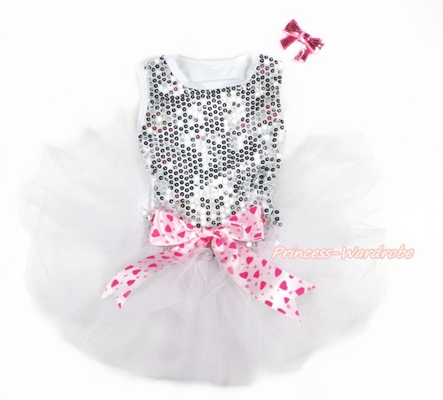 Sparkle White Sequins Sleeveless White Gauze Dress & Hearts Bow Pet Dog Outfit - Bild 3 von 3