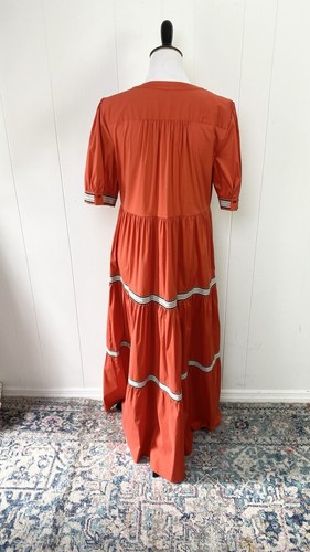 PUROTATTO Orange Tiered Maxi Dress W/ Tan Ribbon Size 44 US 6-8 Made In Italy - Picture 2 of 18