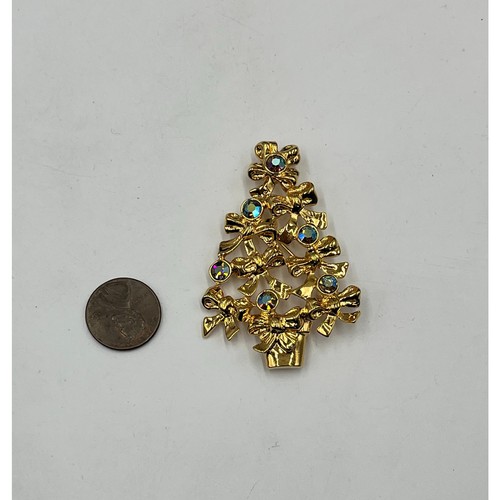 Avon Vintage Christmas Tree Gold Tone AB Rhinestone Bows1992 Holiday Brooch - Picture 2 of 7