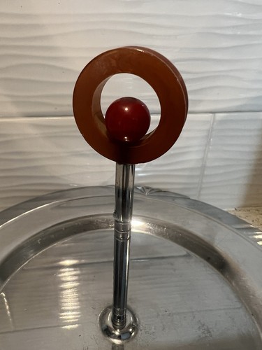 Art Deco Large 10 “ Chrome Cocktail Serving Tray w/ Red & Butterscotch Catalin - Picture 9 of 9