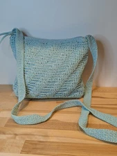 Vintage 80's  Liz Claiborne Purse Bojo Crochet Knit Crossbody Bag Light Blue