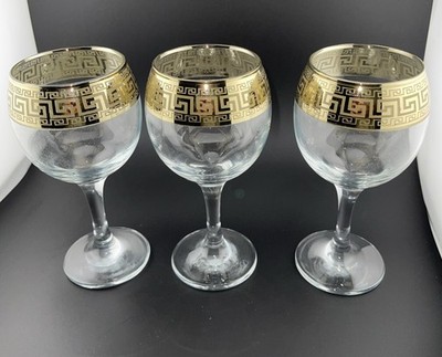 Vintage Set Of 3 Pasabahce Glass Gold Rimmed Wine Water Goblets Made In Turkey