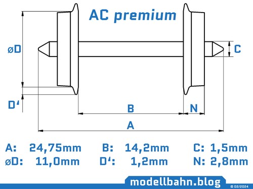 Juego de 2 ruedas de corriente alterna/CA para Märklin Ø11,0 mm y eje de punta 24,75 mm similar a 40196 - Imagen 2 de 2