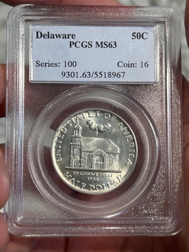 1936 Delaware Tercentenary Commemorative Silver Half Dollar PCGS MS63! Lustrous* - Picture 1 of 8