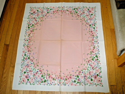 Vintage rosa Blumen Tischdecke 36"x40" schöner Stoff (SU32A)
