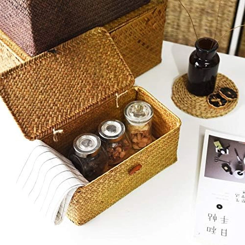 Seagrass Cesta Vimini Con Coperchio Cestini Portaoggetti Naturale (Piccolo 26Cmx - Immagine 3 di 4