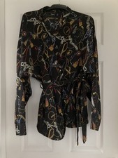 Boohoo Black Gold & Blue Knot & Chain Print Wrap Top / Waterfall Cardigan UK 20